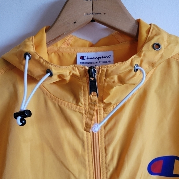 CHAMPION Wind Breaker Jacket Pockets Hood Yellow Small - Picture 5 of 14